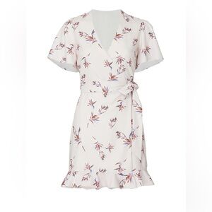 STYLESTALKER "Penny" Beige/Blue/Rust Floral Ruffle Trim Mini Wrap Dress - Medium